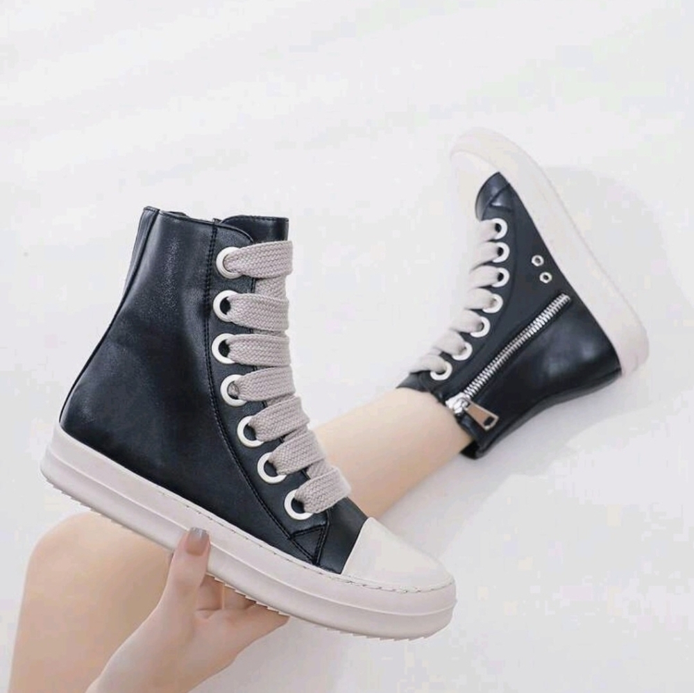 Black High-Top Women's Sneakers with Cream Laces